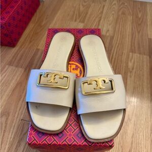 Tory Burch Cream Leather Logo Buckle Slides